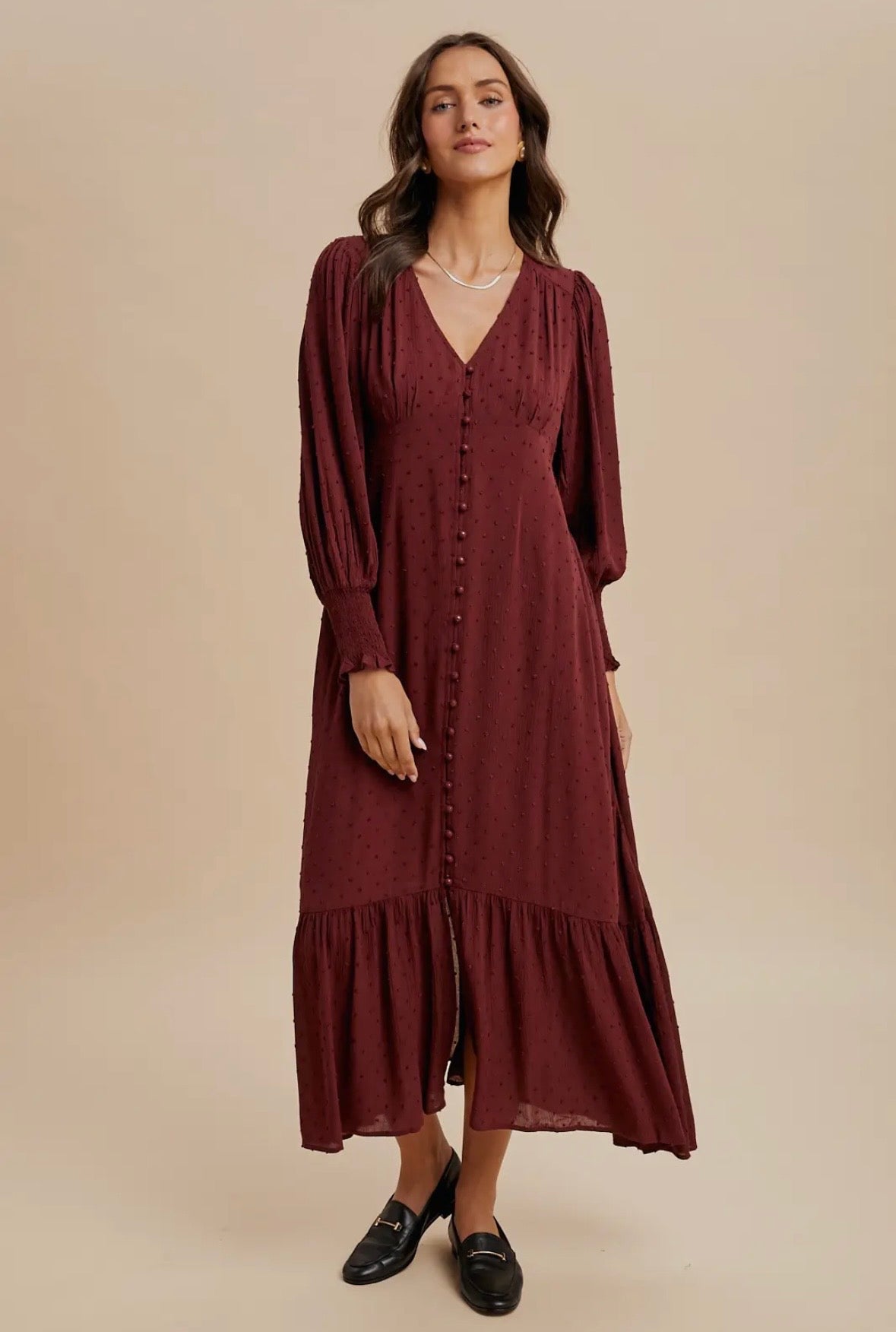 Burgundy Swiss Dot Button Down Dress