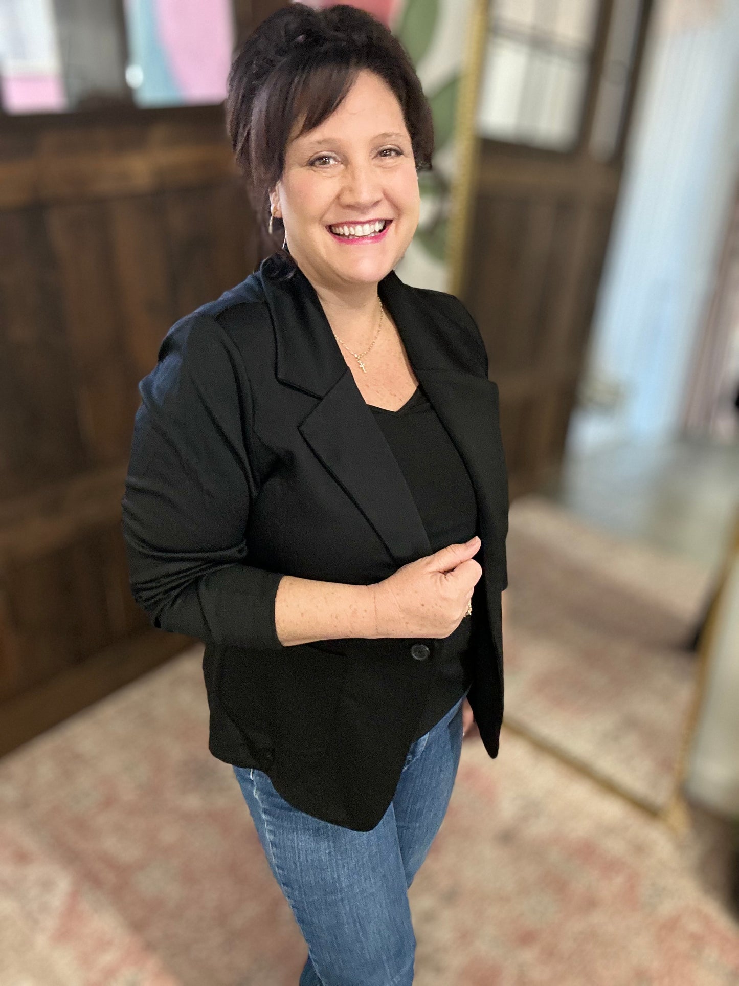 Black Ponte Button Front Blazer