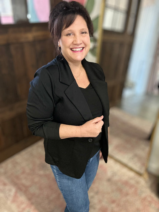 Black Ponte Button Front Blazer