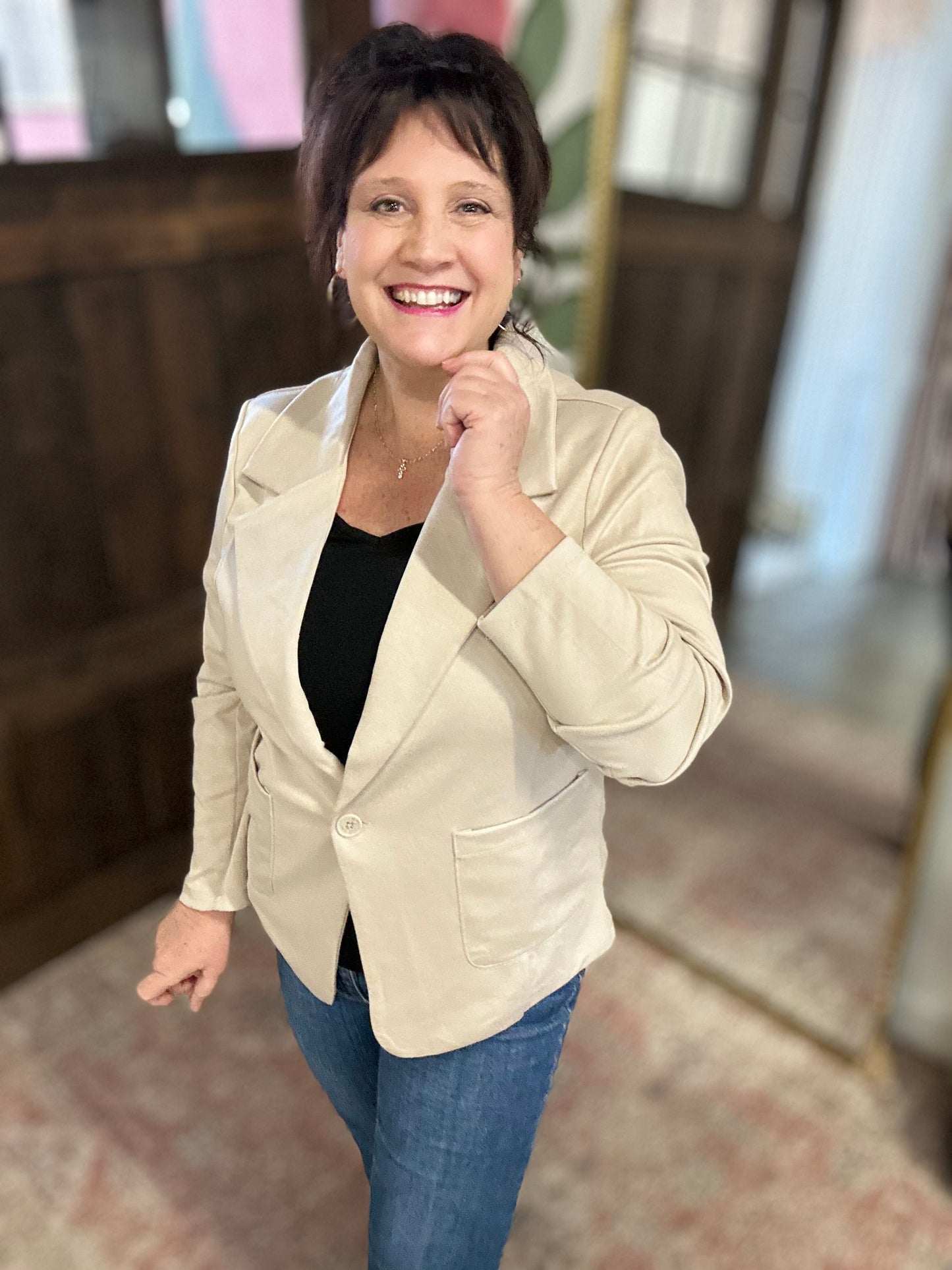 Light Tan Ponte Button Front Blazer