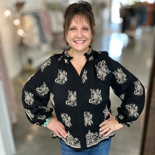 Black Embroidered Boho Blouse