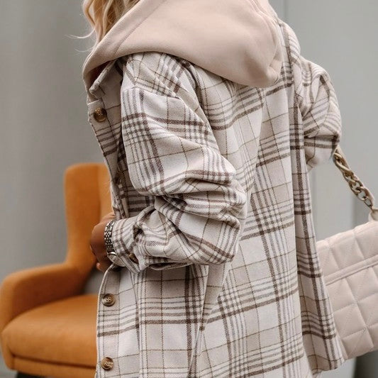 Plaid Removable Hood Buttoned Shacket