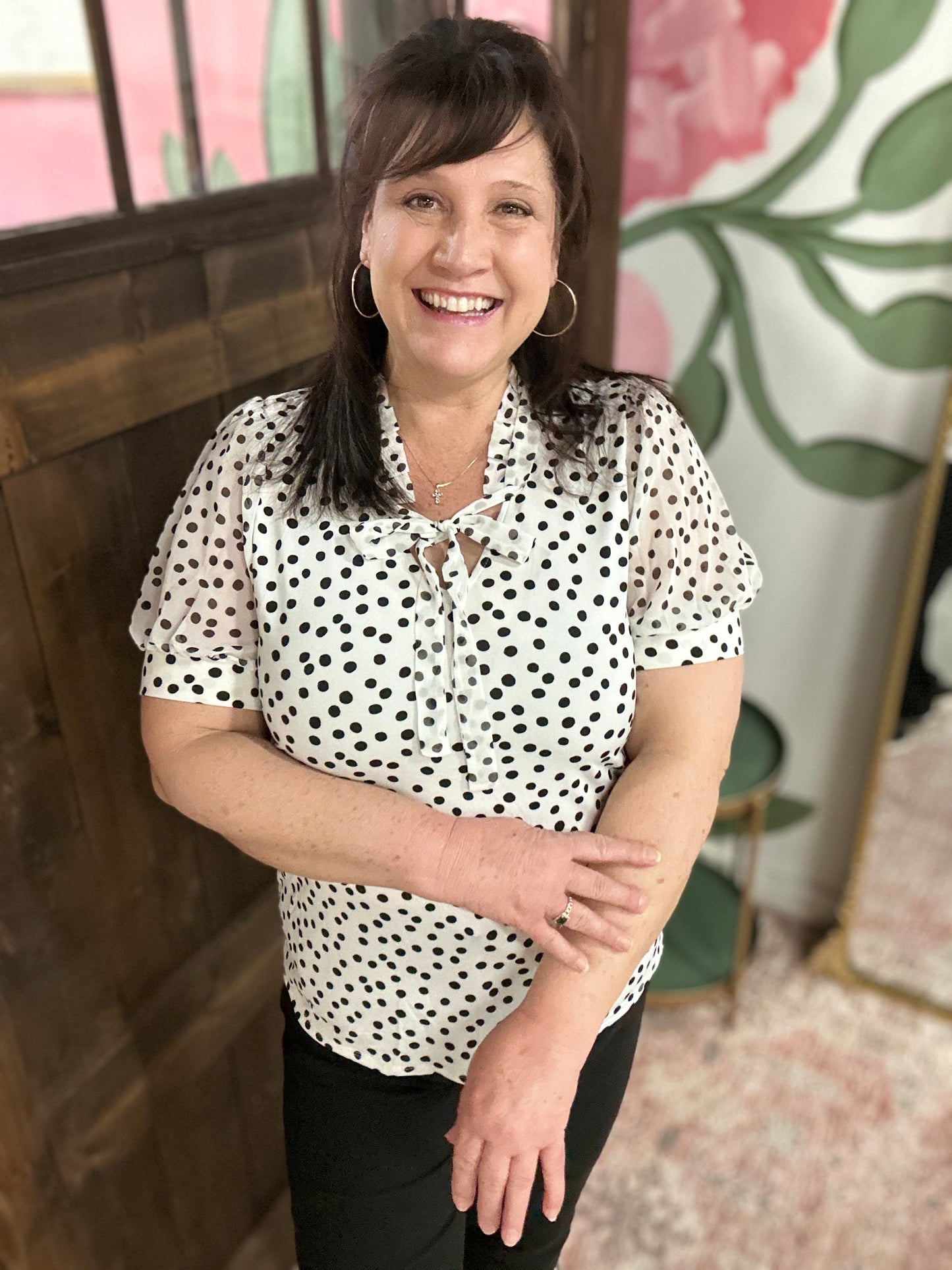 Ivory Black Polka Dot Tie Neck Top