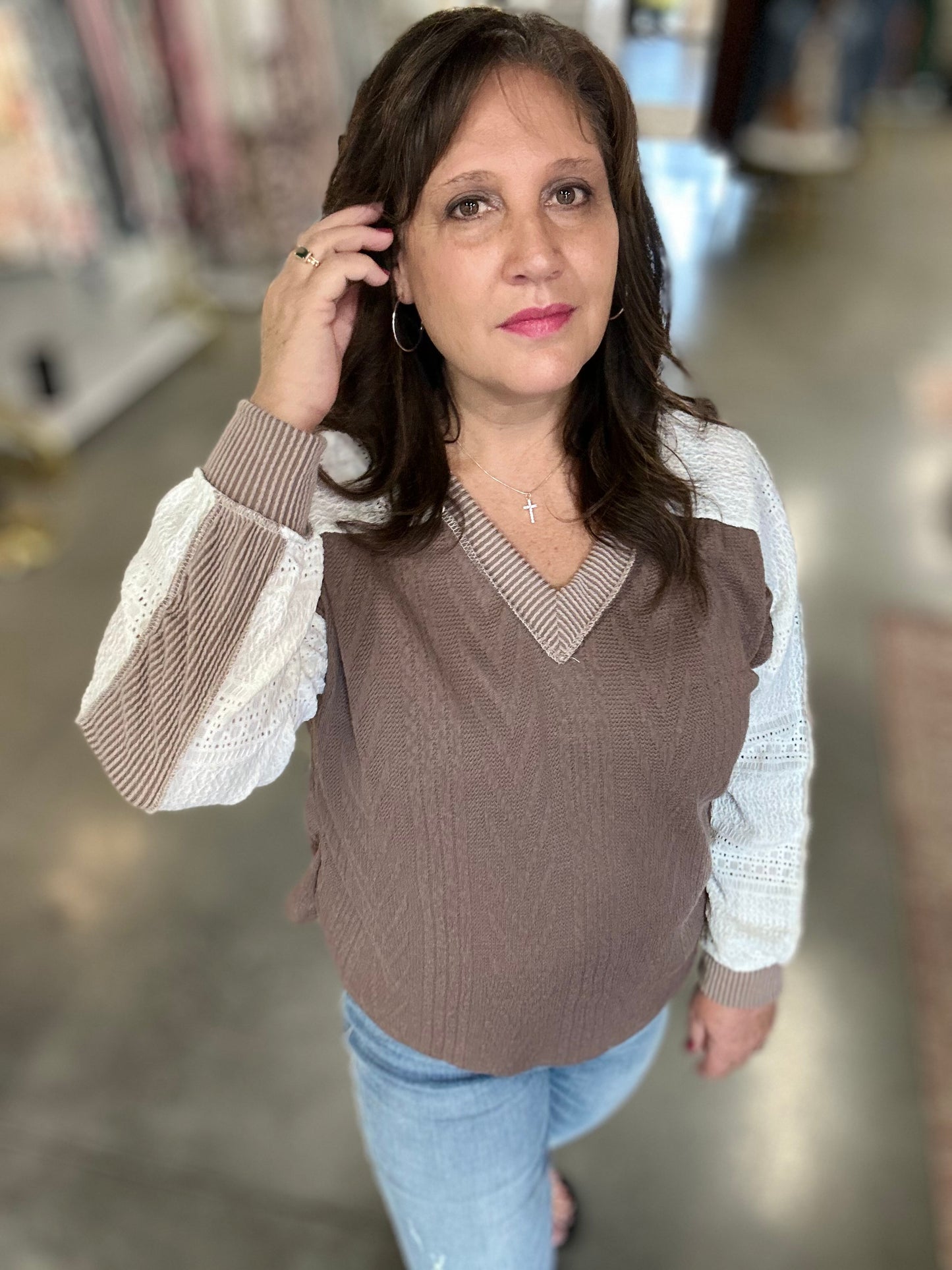 Grace In Layers Cable Knit Top - Mushroom