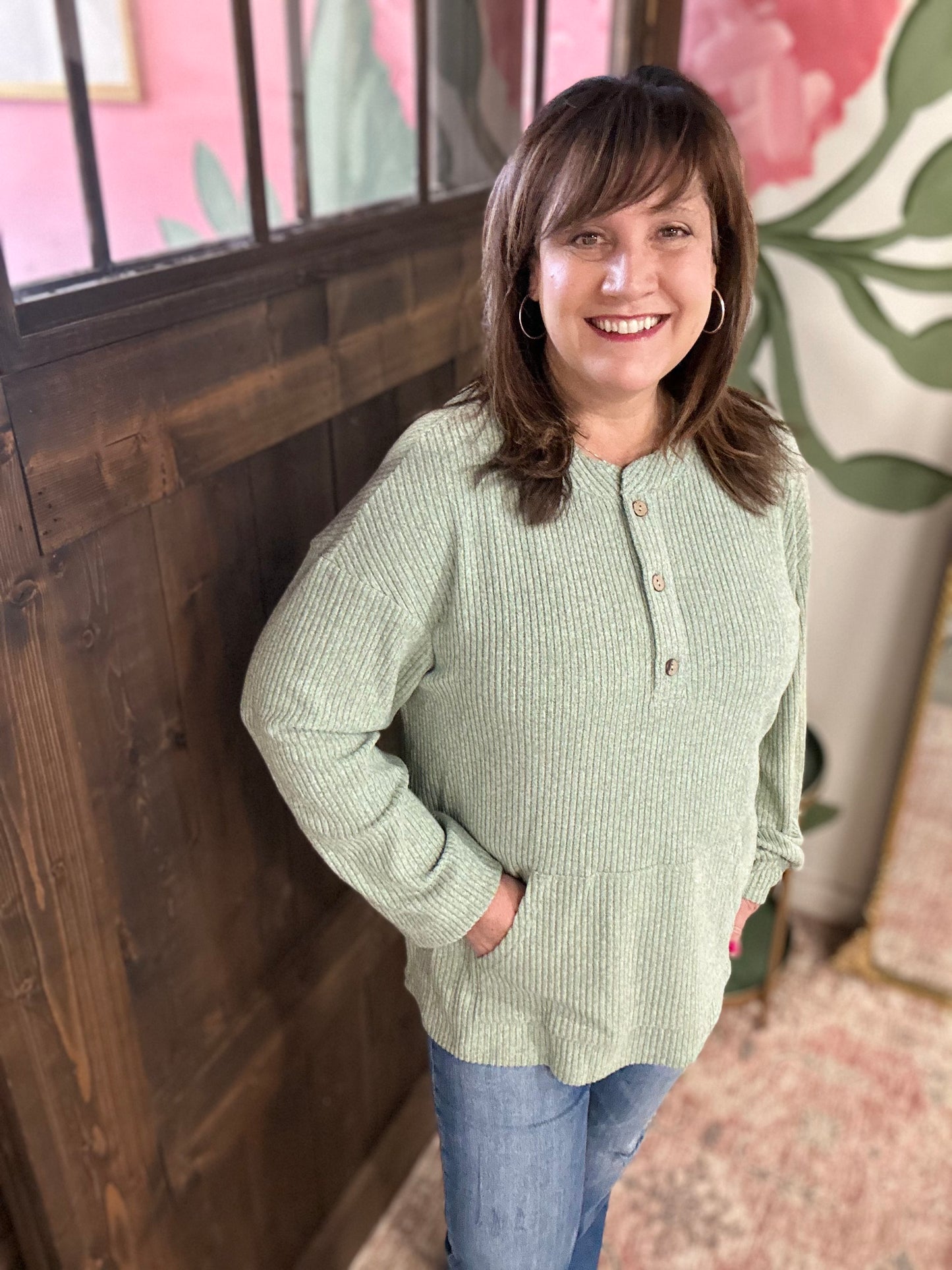 Aqua Ribbed Knit Drop Shoulder Henly Top