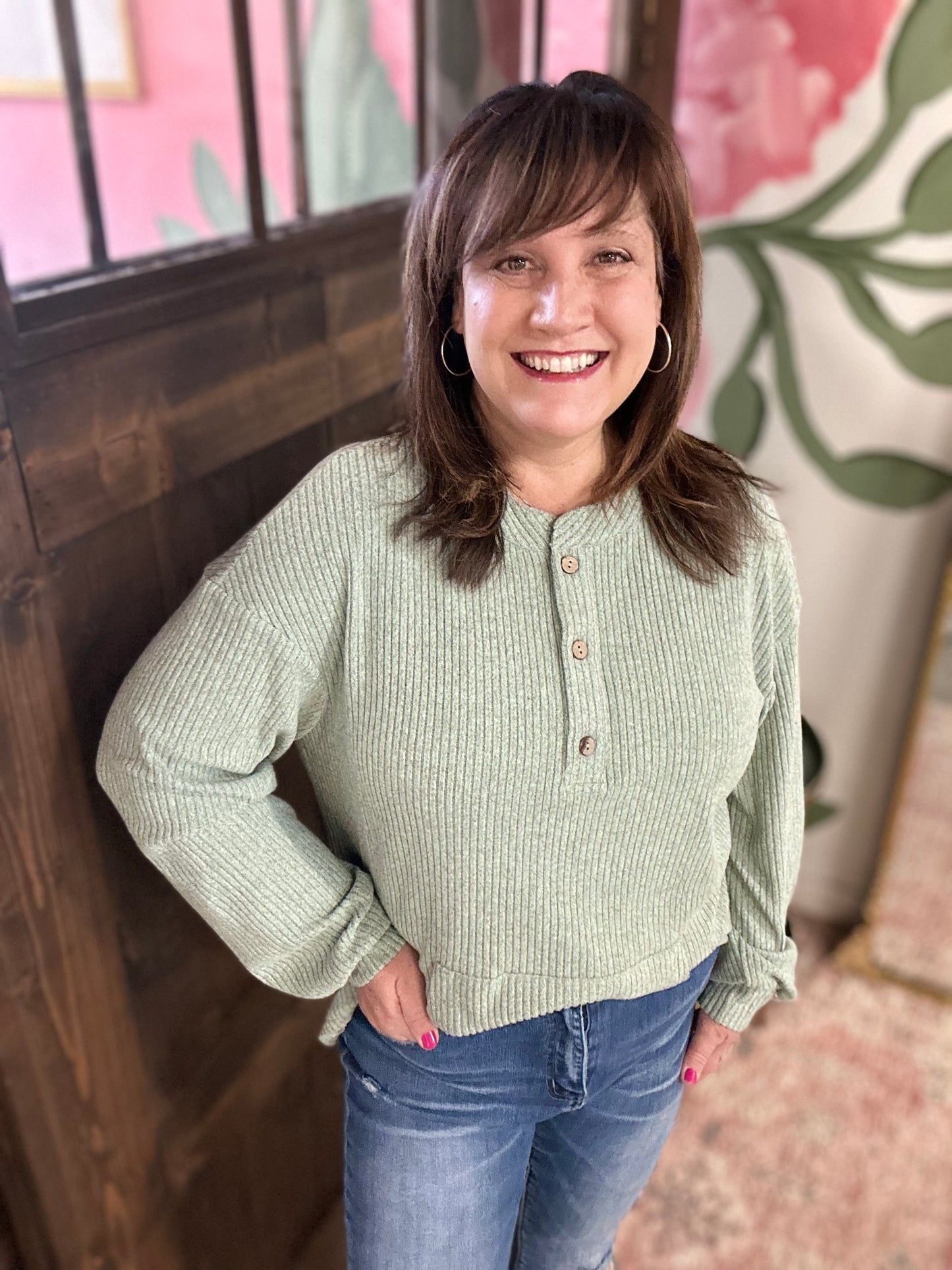 Aqua Ribbed Knit Drop Shoulder Henly Top