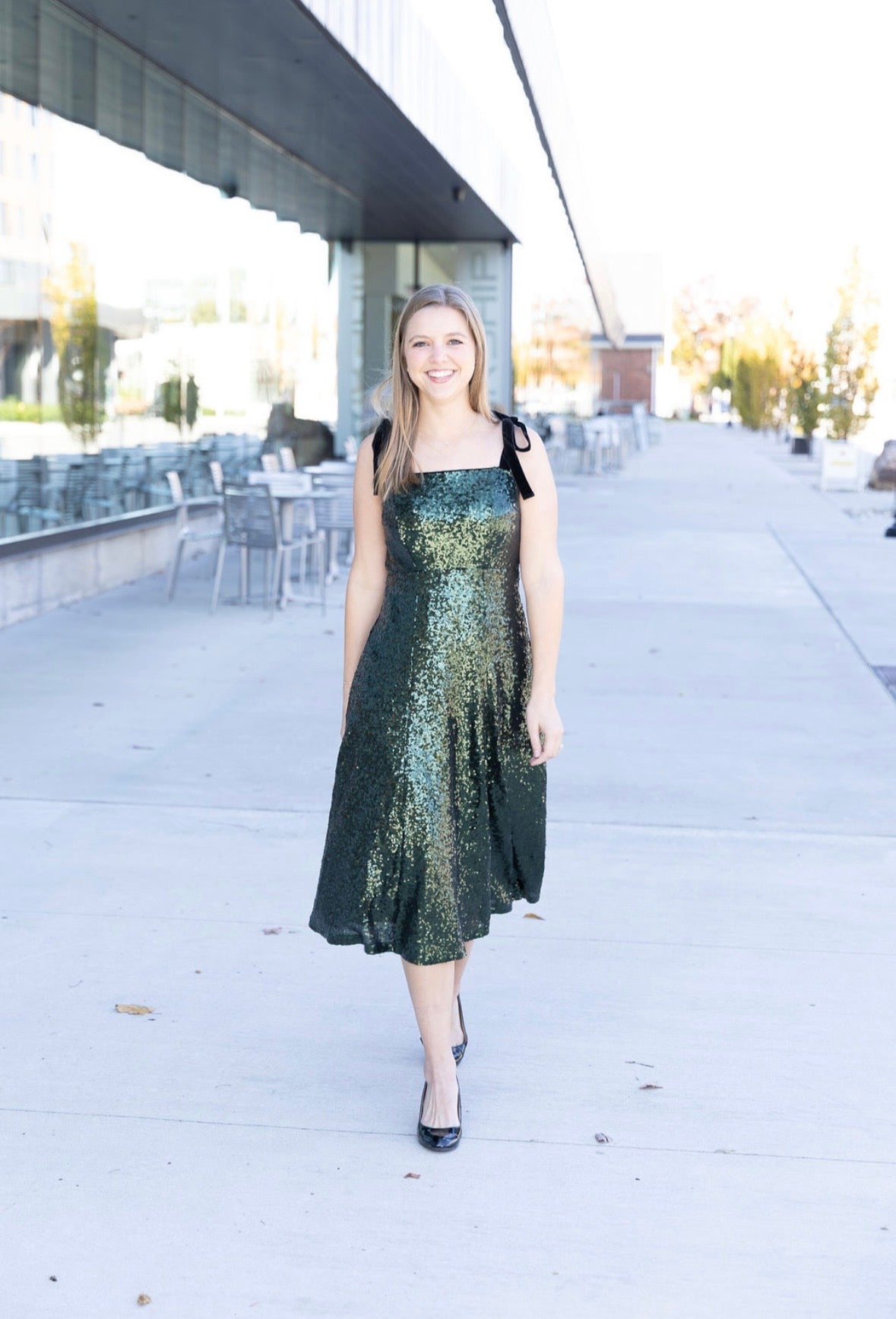 Fit And Flare Sequin Dress - Emerald