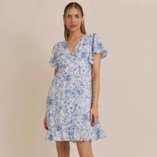 Cream Blue Floral Print Dress