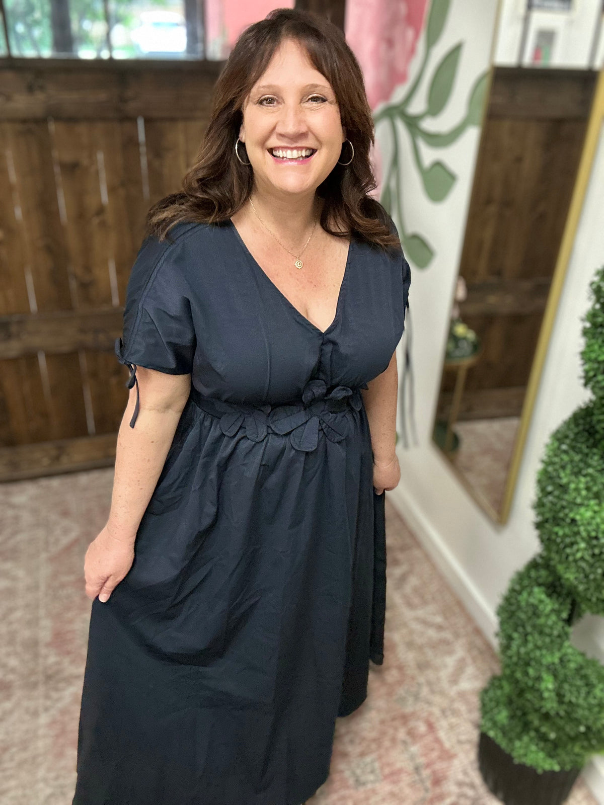 Solid Navy Floral Applique V-Neck Maxi Dress