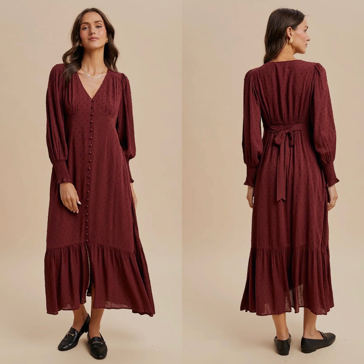 Burgundy Swiss Dot Button Down Dress