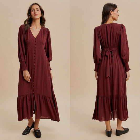 Burgundy Swiss Dot Button Down Dress