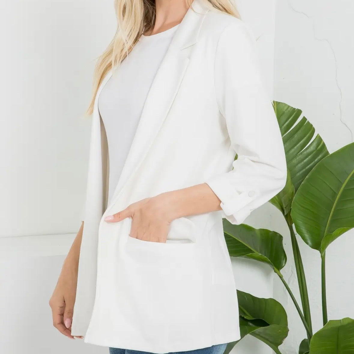 Off White Ponte Roll Up Sleeve Blazer