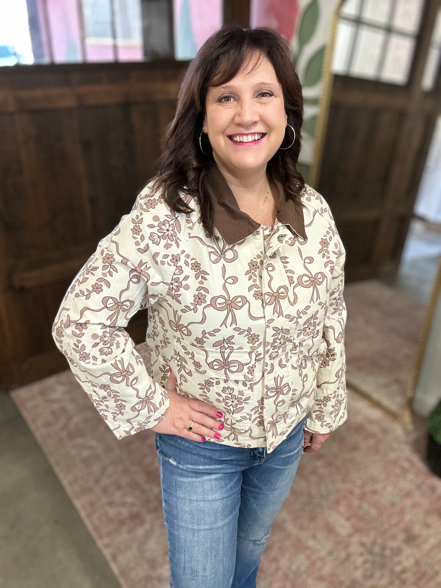 Cream Brown Ribbon Print Canvas Jacket