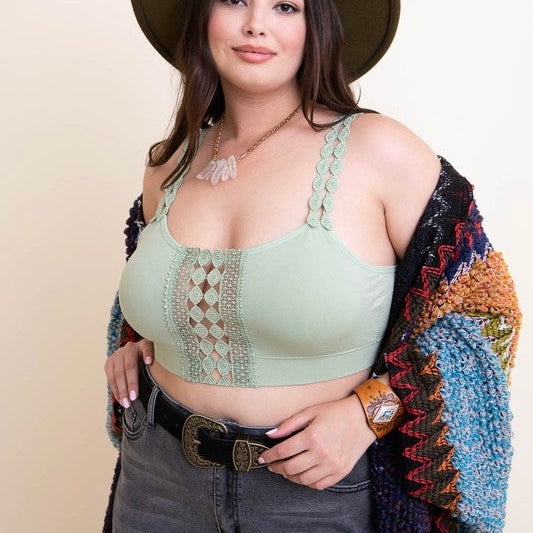 Plus size sage boho eye lace appliqué bralette