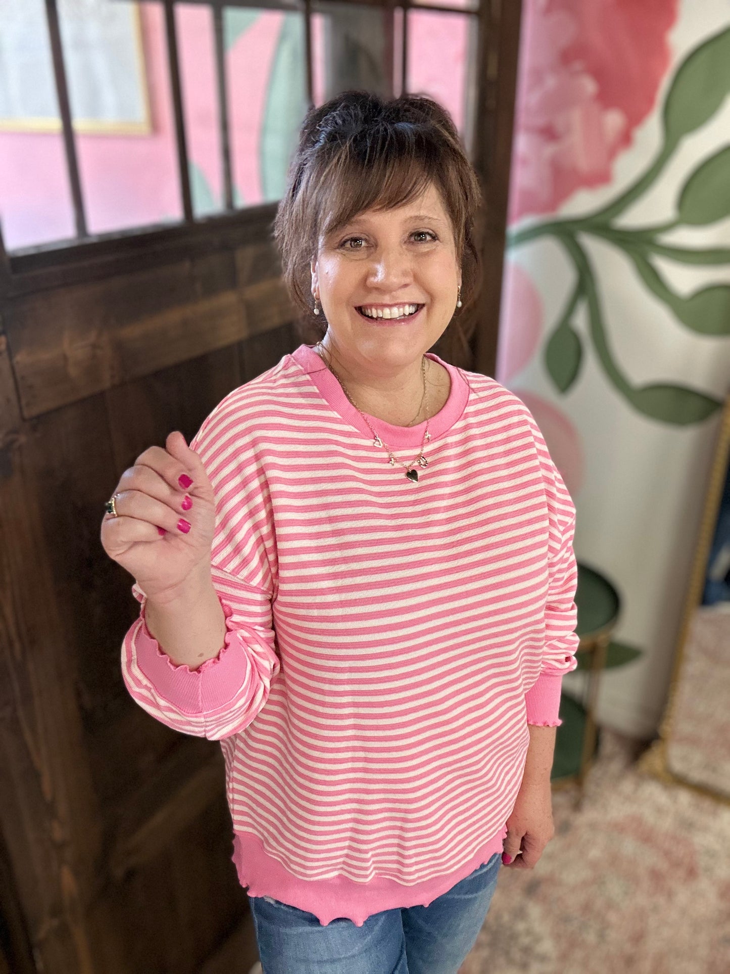 Pink Stripe Drop Shoulder Top