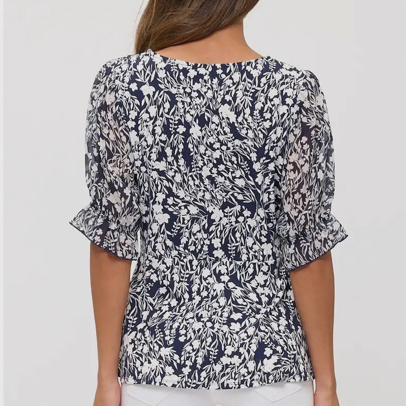 Navy Floral Twist Side Top