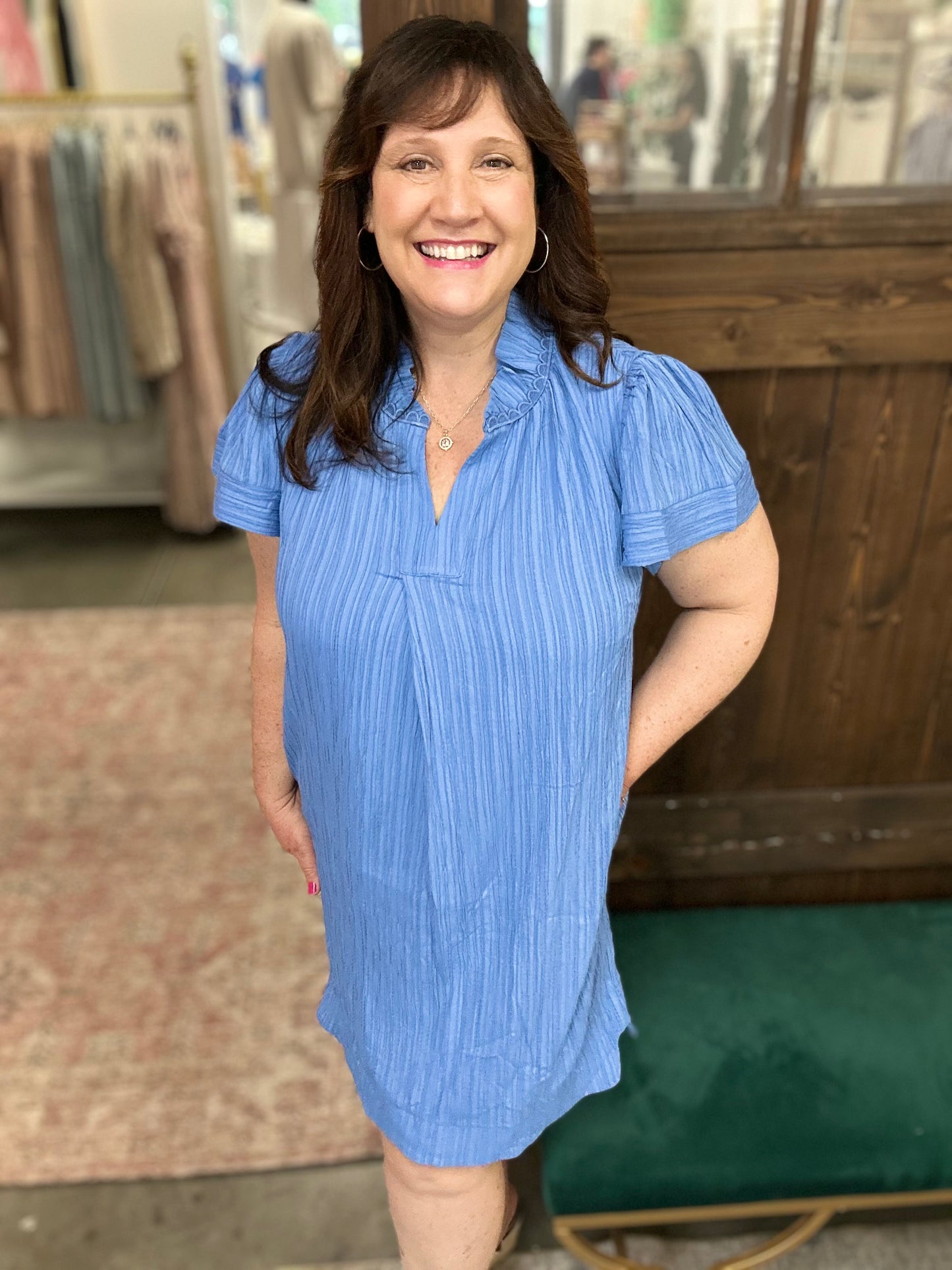 Peri Blue Flutter Sleeve V-Neck Shift Dress