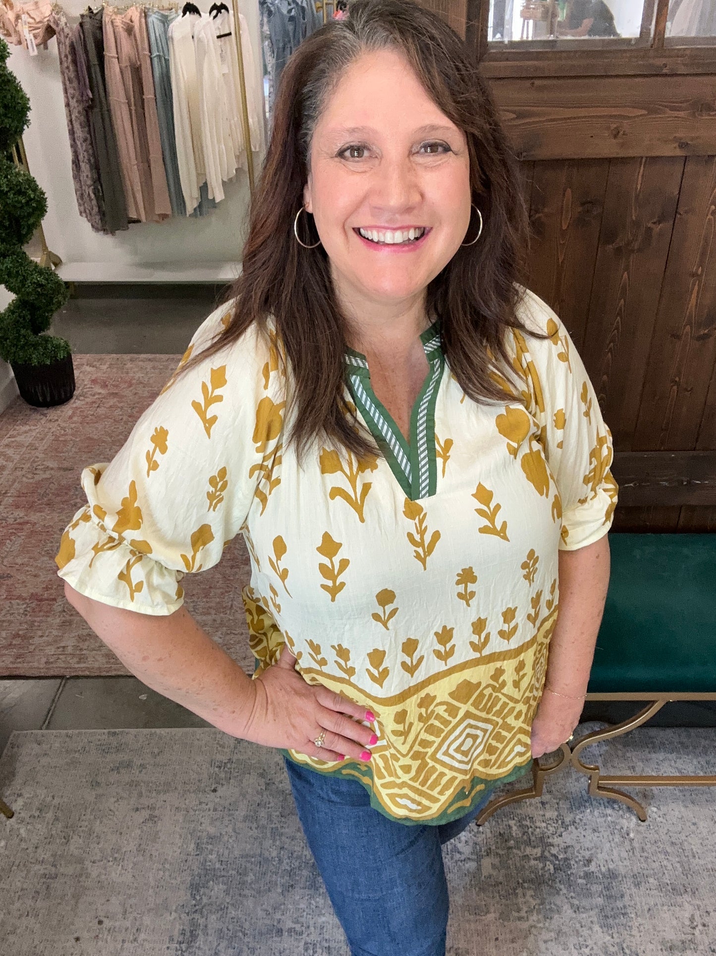Butter Mix Border Print Puff Sleeve Split Neck Top