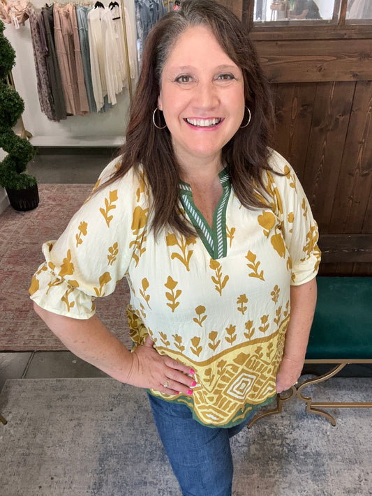 Butter Mix Border Print Puff Sleeve Split Neck Top