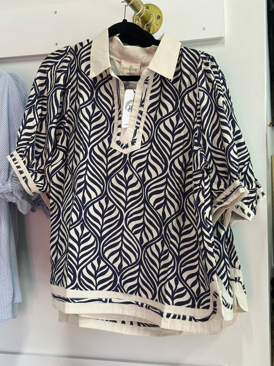 Navy Geometric Leaf Print Popover Top