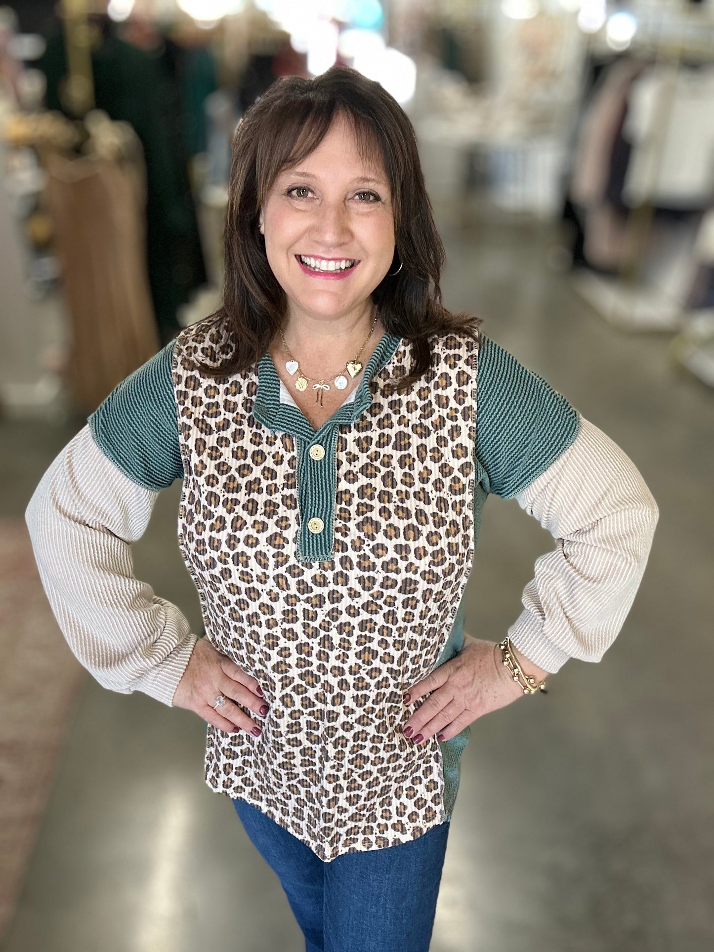 Green Leopard Color Block Top