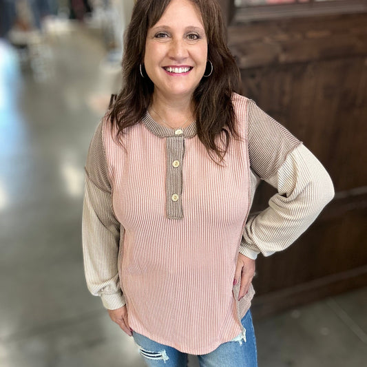 Rose Multi Amalias Rib Long Sleeve Top