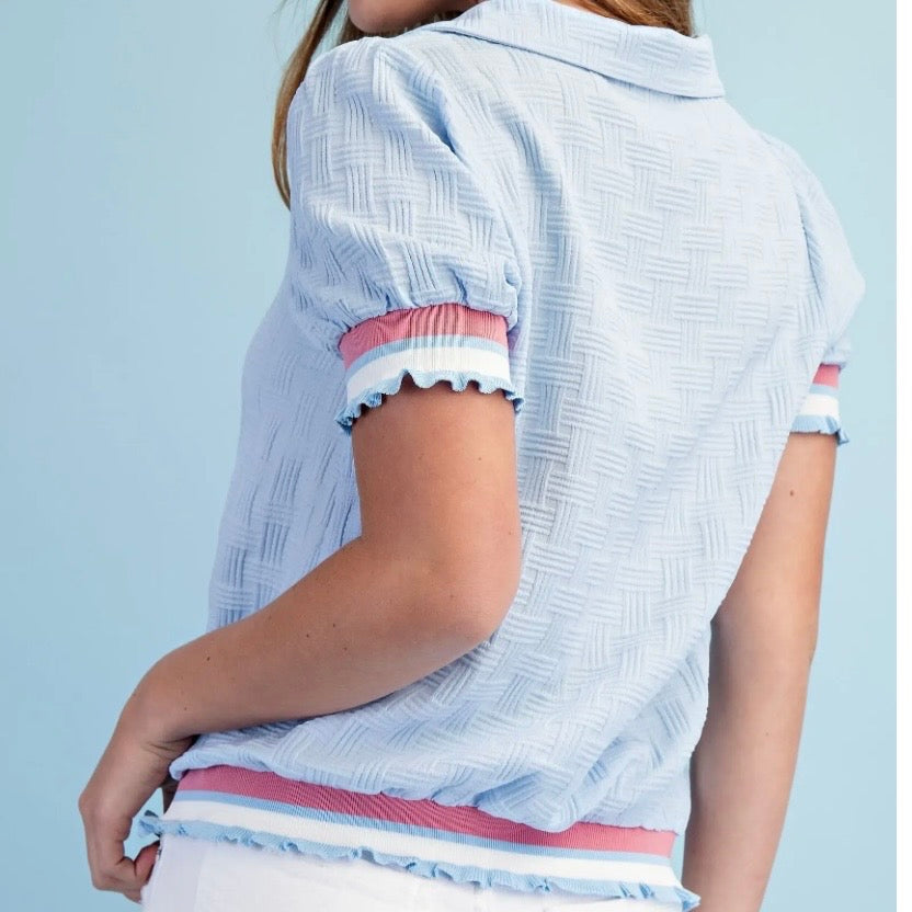 Light Blue Ruffled V-Neck Top