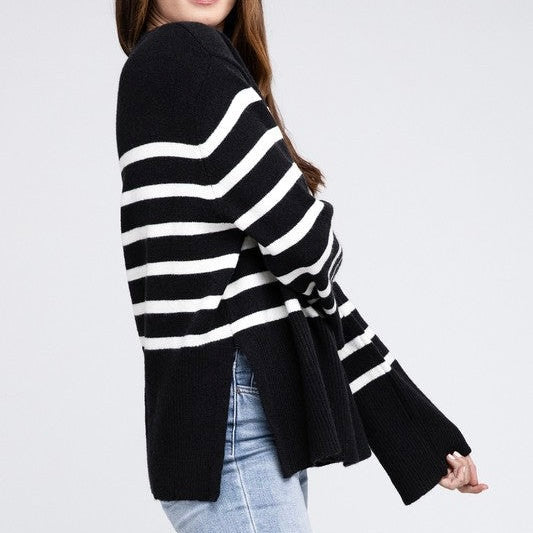 Black sweater with white stripes and side slit