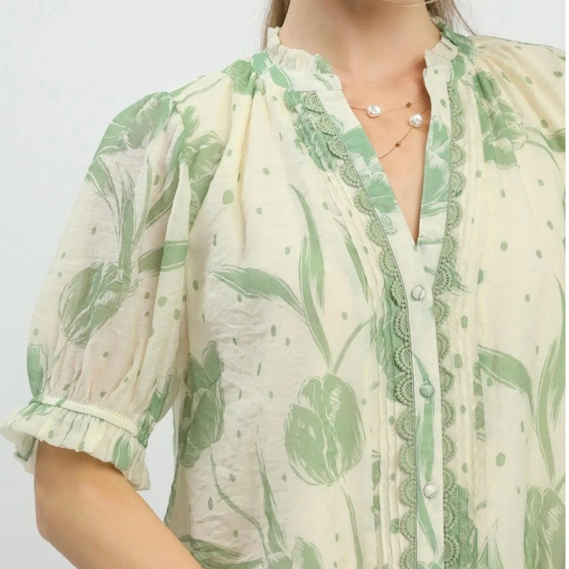 Cream Sage Floral Print Boho Blouse