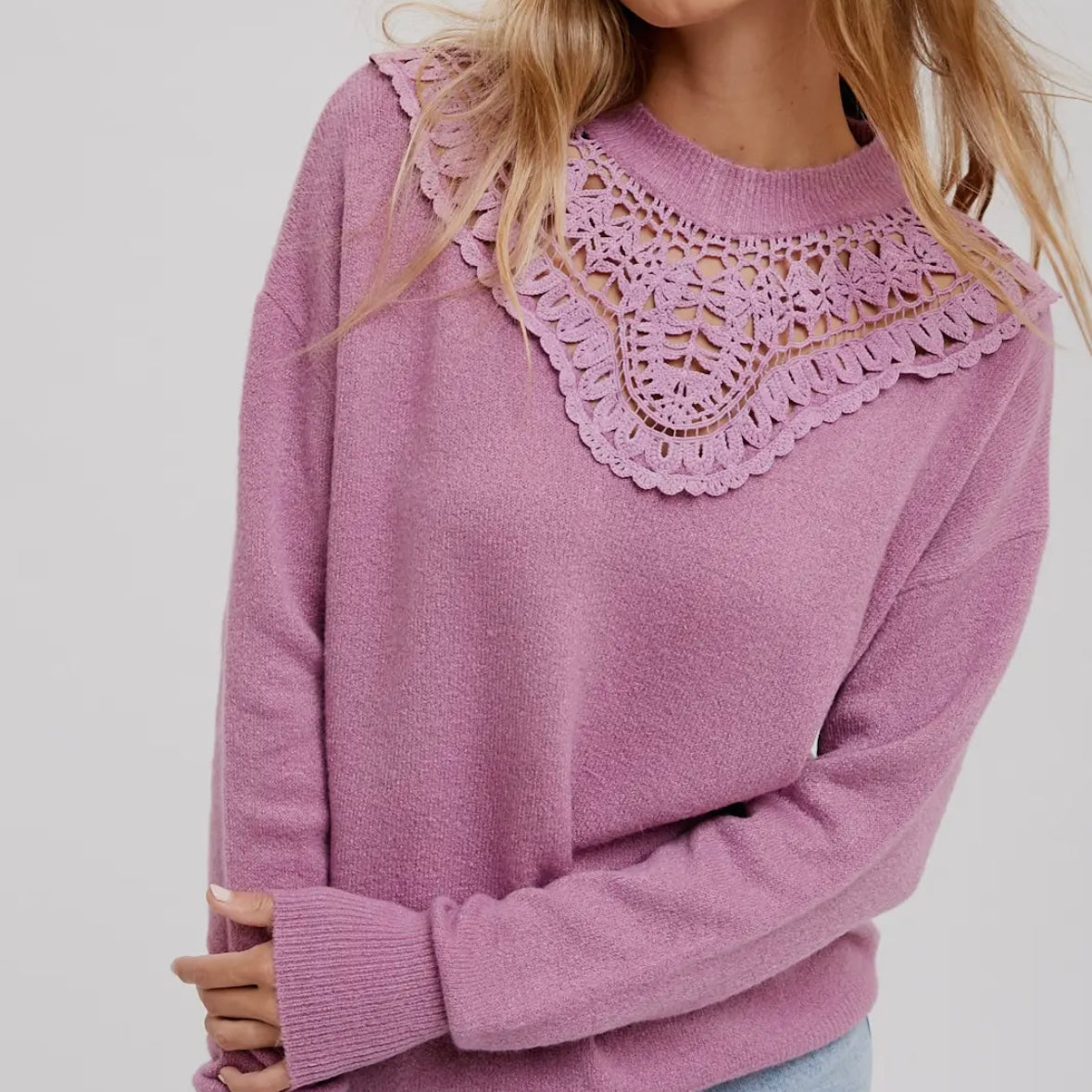 Mauve sweater with crochet lace trim detail