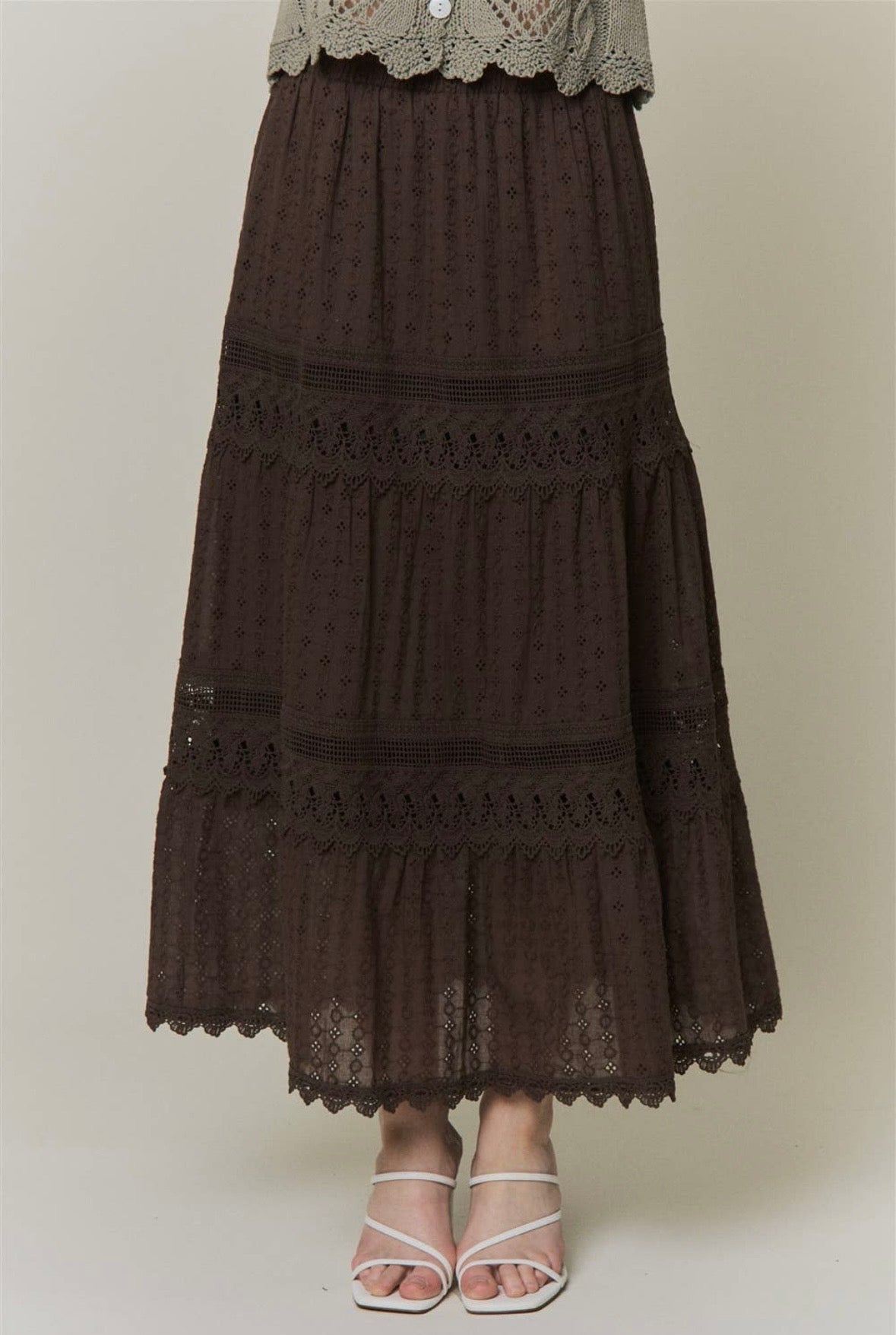 Coffee Boho Lace Detail Tiered Maxi Skirt