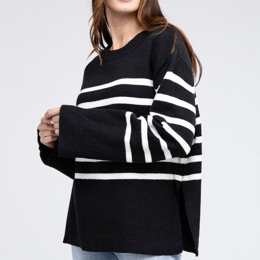 Black sweater with white stripes and side slit