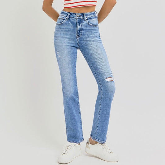 Risen distressed high-rise ankle straight jeans