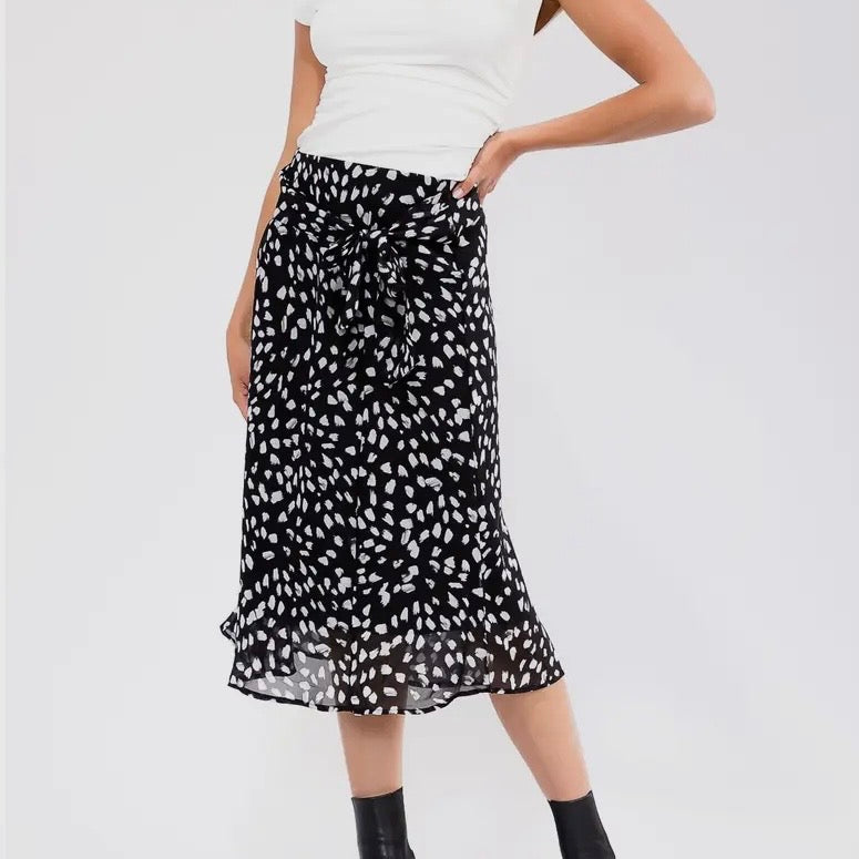 Black White Polka Dot A-Line Midi Skirt