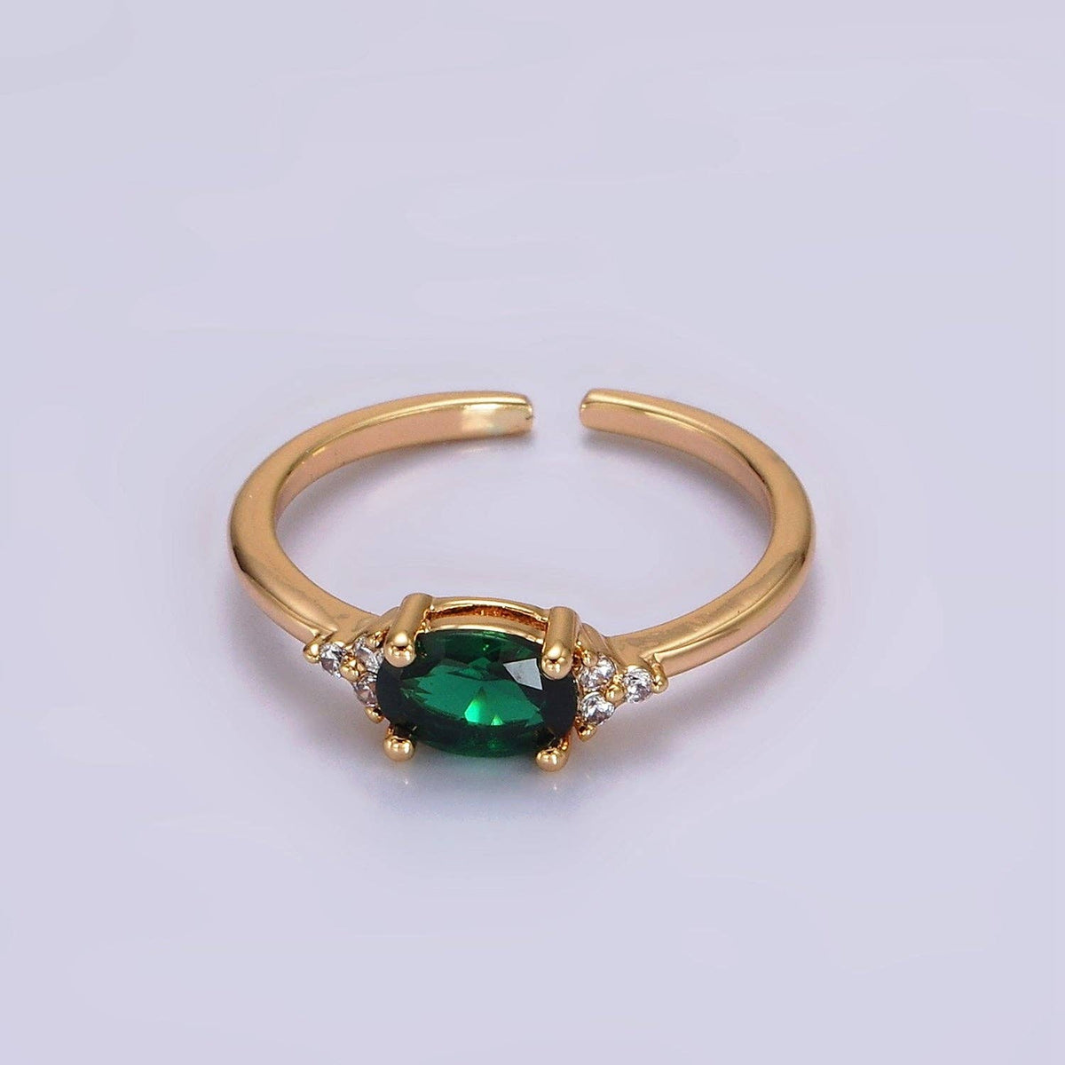 14K Gold Filled Oval Triple CZ Solitaire Birthstone Ring in Gold & Silver | O1128 - O1155: Silver / Olive Green