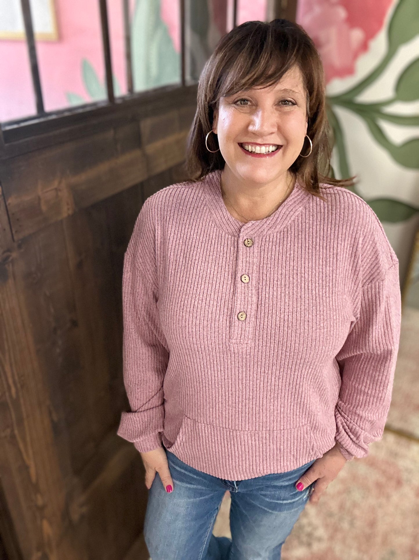 Pink Ribbed Knit Drop Shoulder Henly Top