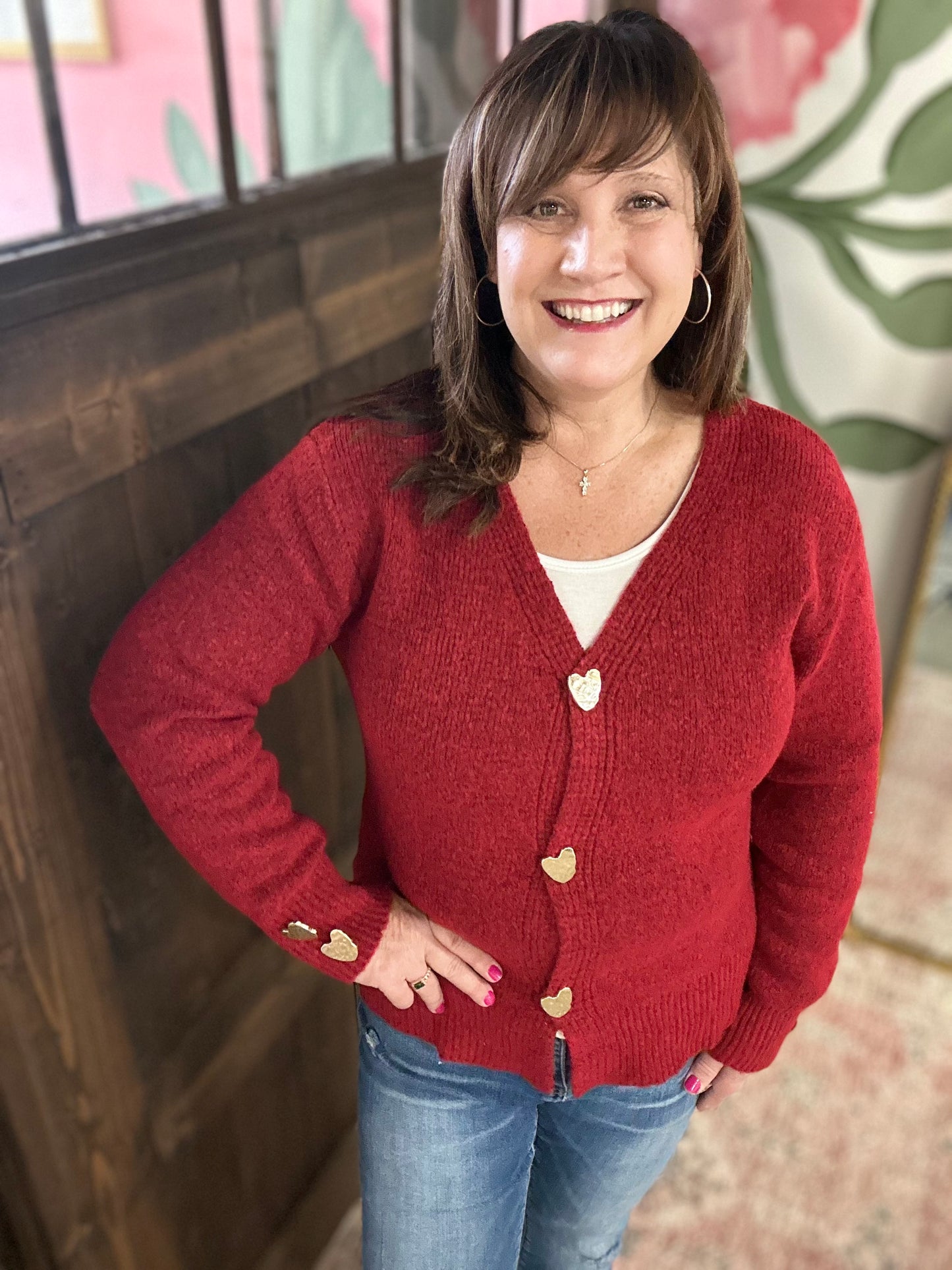 Red Cardigan Sweater With Heart Buttons