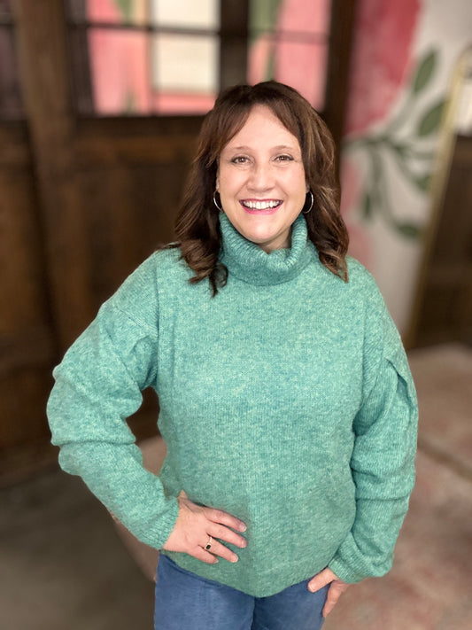 Mermaid Green Loose Fit Turtleneck Pin Tuck Sweater