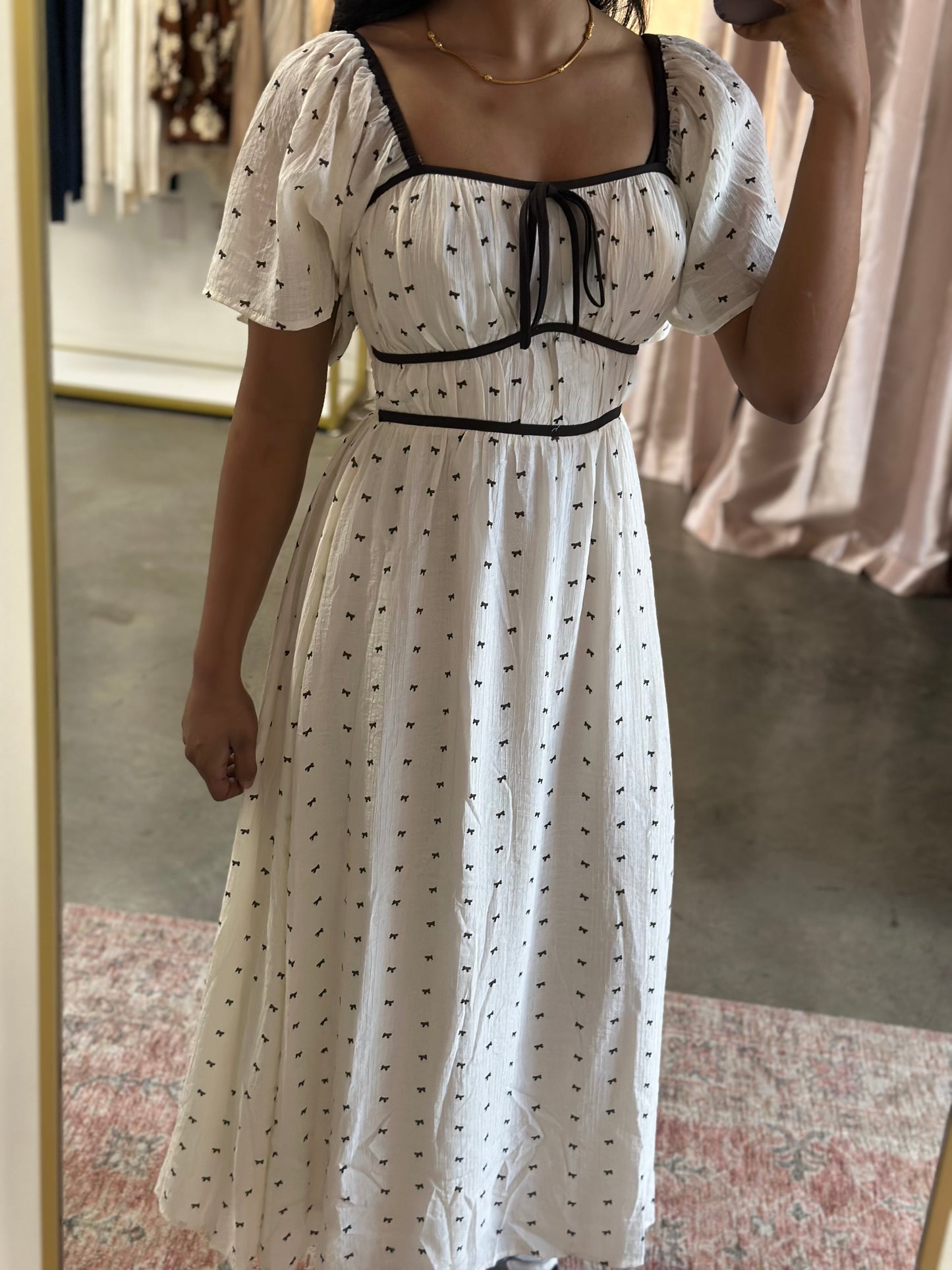 Cream Bow Print Midi Dress