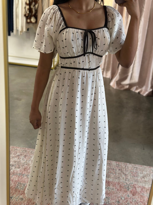 Cream Bow Print Midi Dress