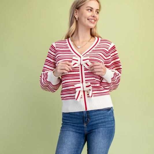 Red Striped V-Neck Sweater w/ Bows on the Front