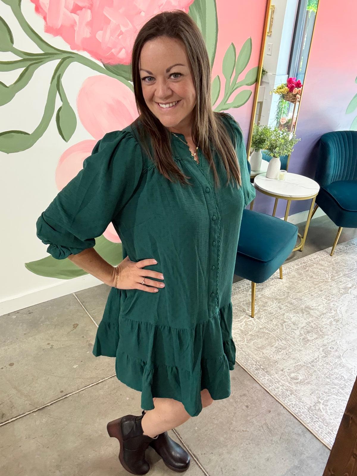 Olive Green Half Button Down Lace Yoke Dress