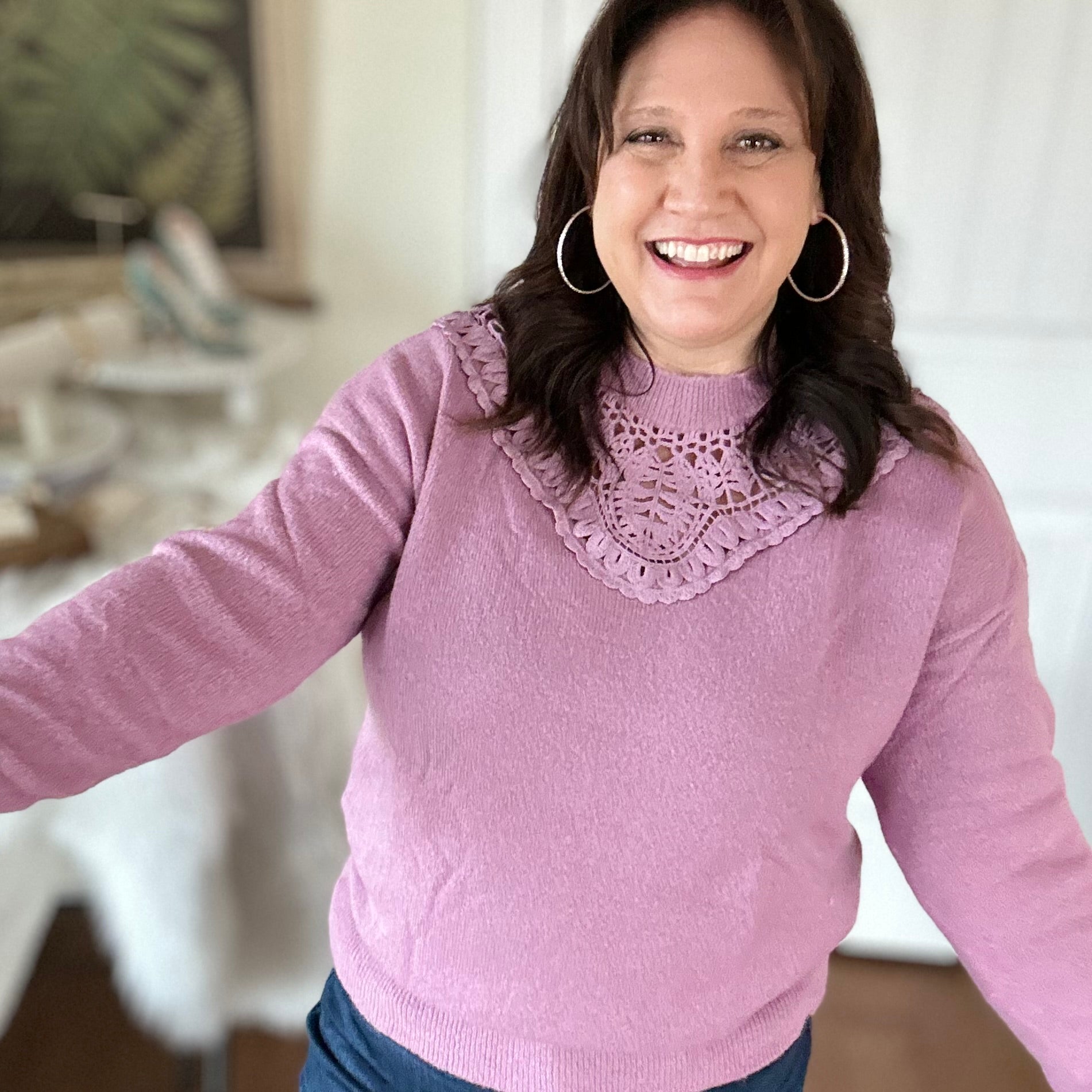 Mauve sweater with crochet lace trim detail