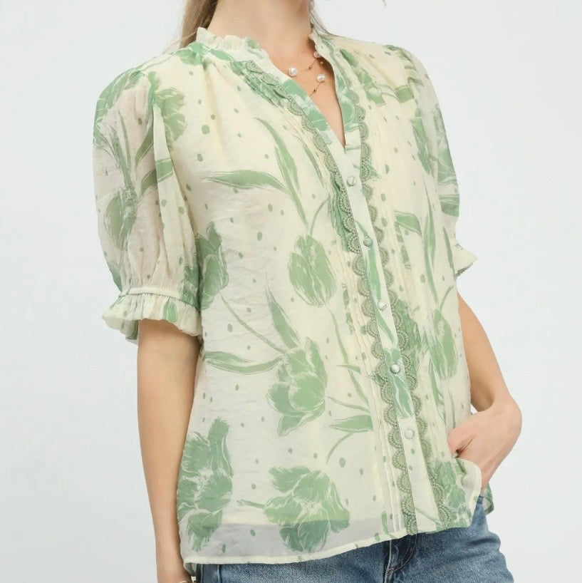 Cream Sage Floral Print Boho Blouse