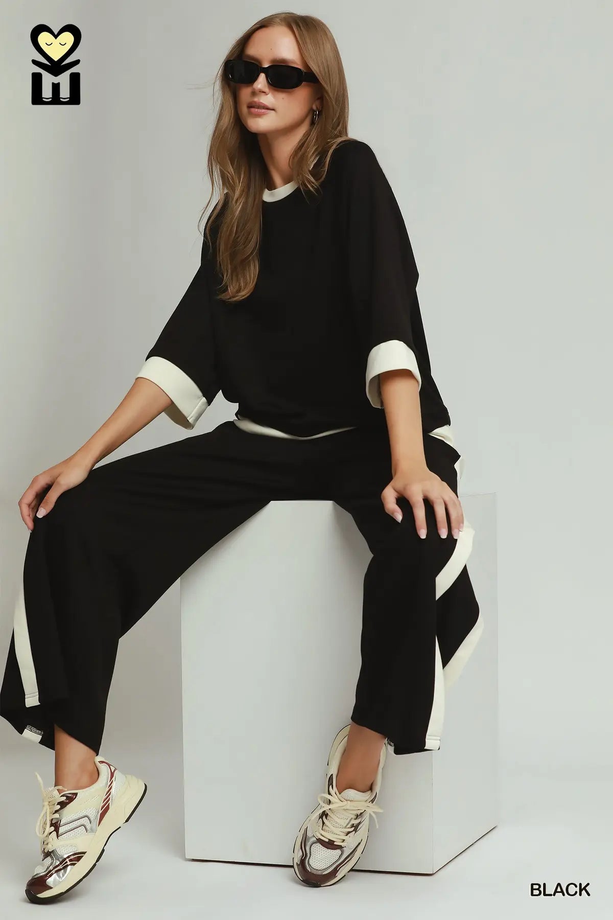 Black Luxeknit Colorblock Crewneck Raglan Sleeve Top