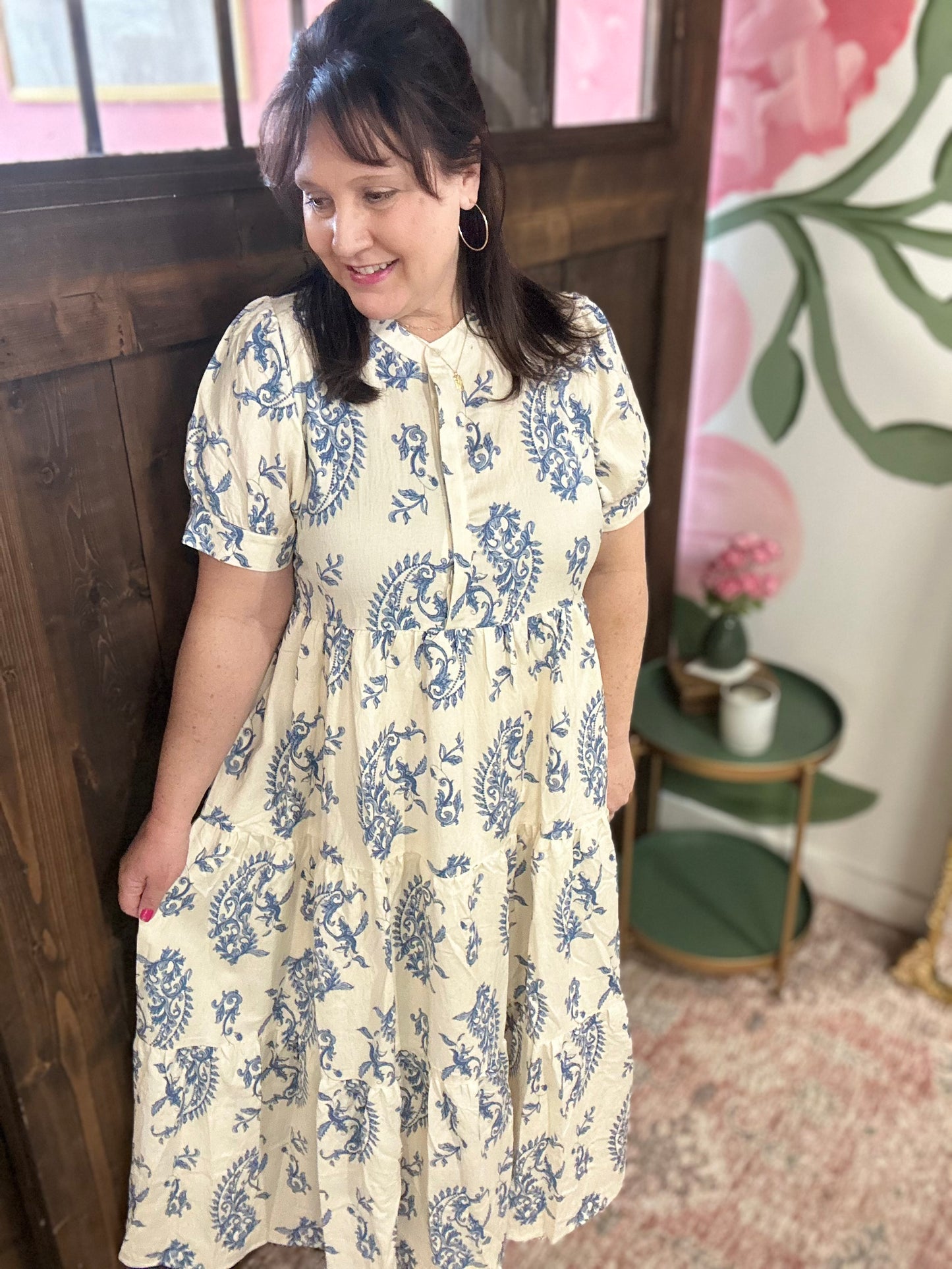 Blue Mix Tiered Textured Midi Dress