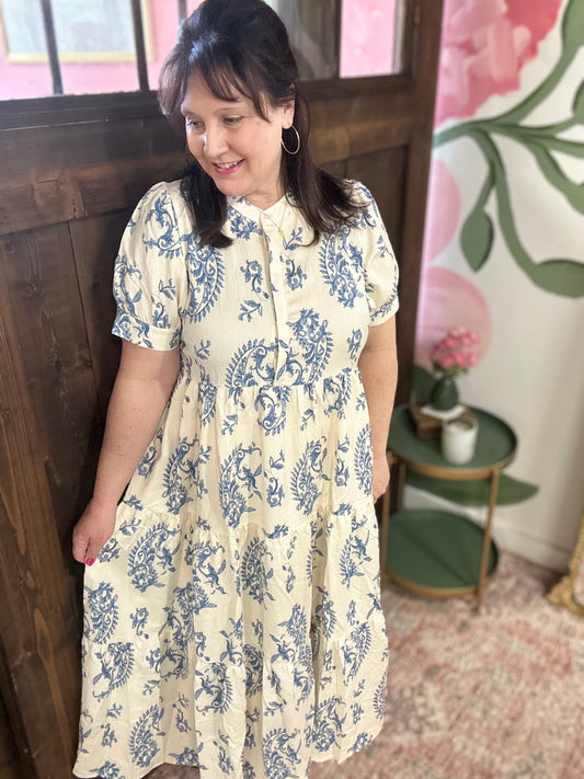 Blue Mix Tiered Textured Midi Dress