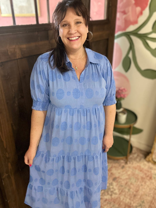 Ocean Blue Swiss Dot Jacquard Maxi Dress