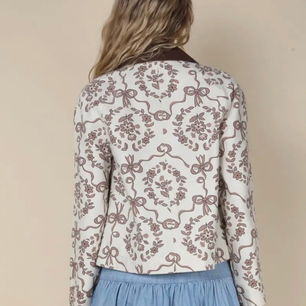 Cream Brown Ribbon Print Canvas Jacket