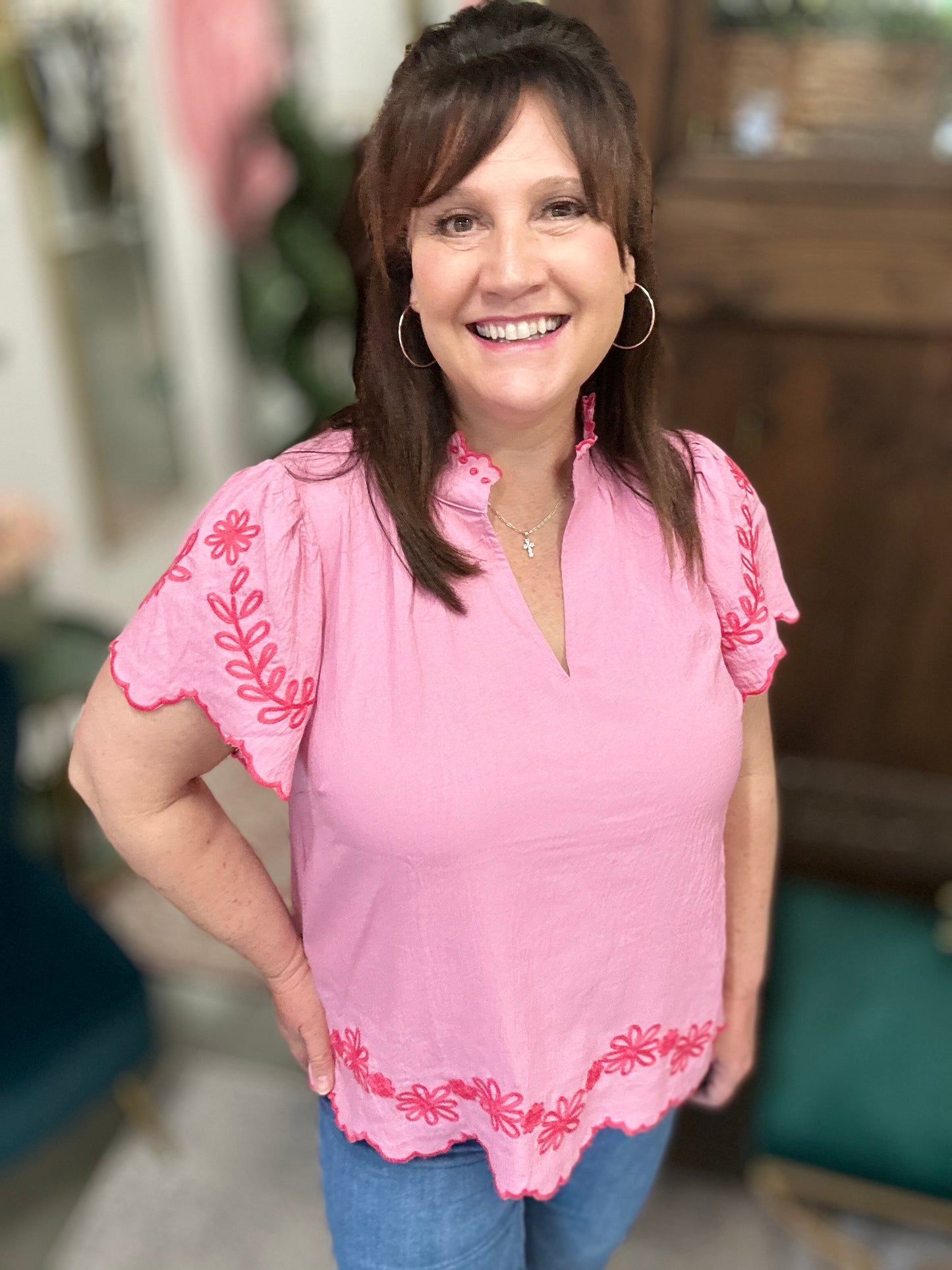 Peony Embroidered Scallop Top